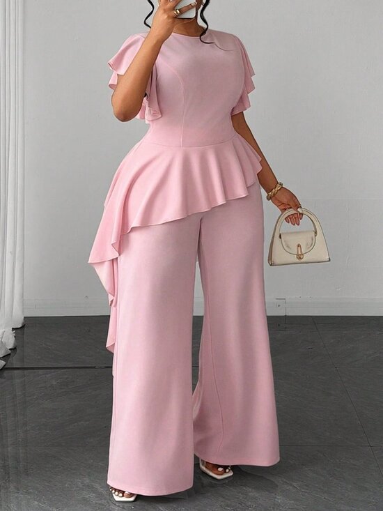 Tops - Baby Pink Elegant Women's Plus Size Round Neck Top And Wide Leg Pants Set